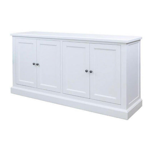 White Sherborne acacia wood 4-door buffet or sideboard by Chocolate Wood with sleek design and natural wood finish.
