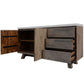 MyChocolateWood ROSALI 2-tone white concrete and acacia buffet sideboard with three drawers and two doors, showcasing a modern storage design.