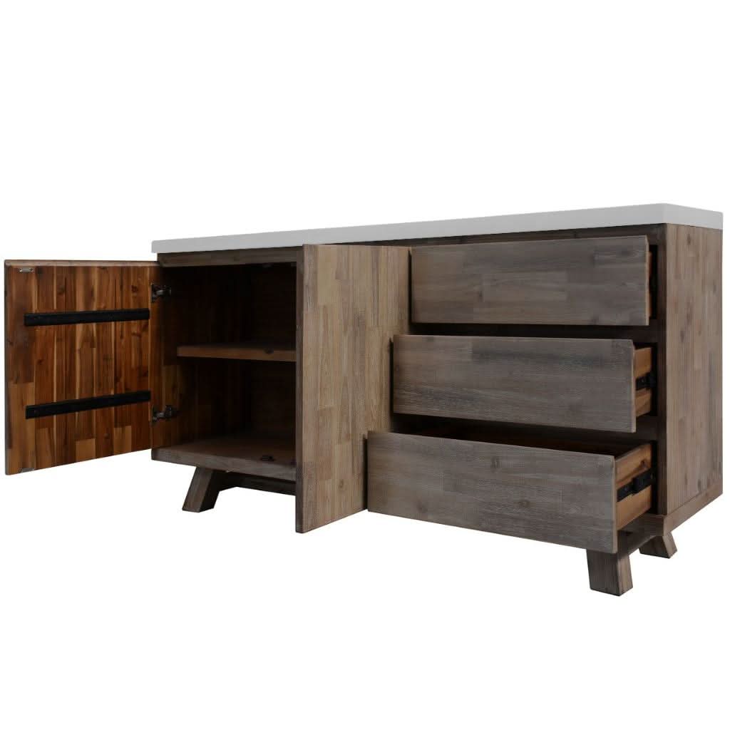 MyChocolateWood ROSALI 2-tone white concrete and acacia buffet sideboard with three drawers and two doors, showcasing a modern storage design.