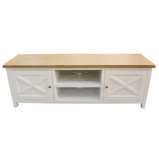 CHRISTA HAMPTON SOLID ACACIA 2-DOOR 2 NICHE TV UNIT LIGHT OAK TOP/WHITE BASE - MyChocolateWood