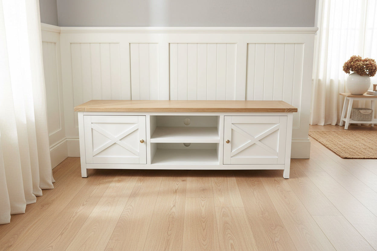 CHRISTA HAMPTON SOLID ACACIA 2-DOOR 2 NICHE TV UNIT LIGHT OAK TOP/WHITE BASE - MyChocolateWood
