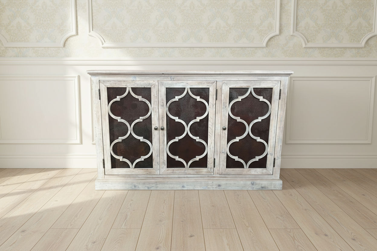 REINA GREYWASHED RECYCLED TIMBER/HERITAGE METAL 3-DOOR BUFFET/SIDEBOARD - MyChocolateWood