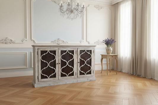 REINA GREYWASHED RECYCLED TIMBER/HERITAGE METAL 3-DOOR BUFFET/SIDEBOARD - MyChocolateWood