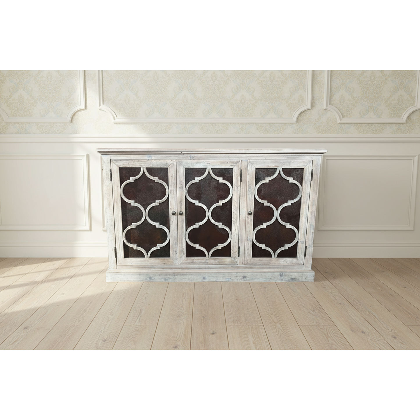 Reina Greywashed Recycled Timber 3-Door Buffet with Heritage Metal Panels - Chocolate Wood