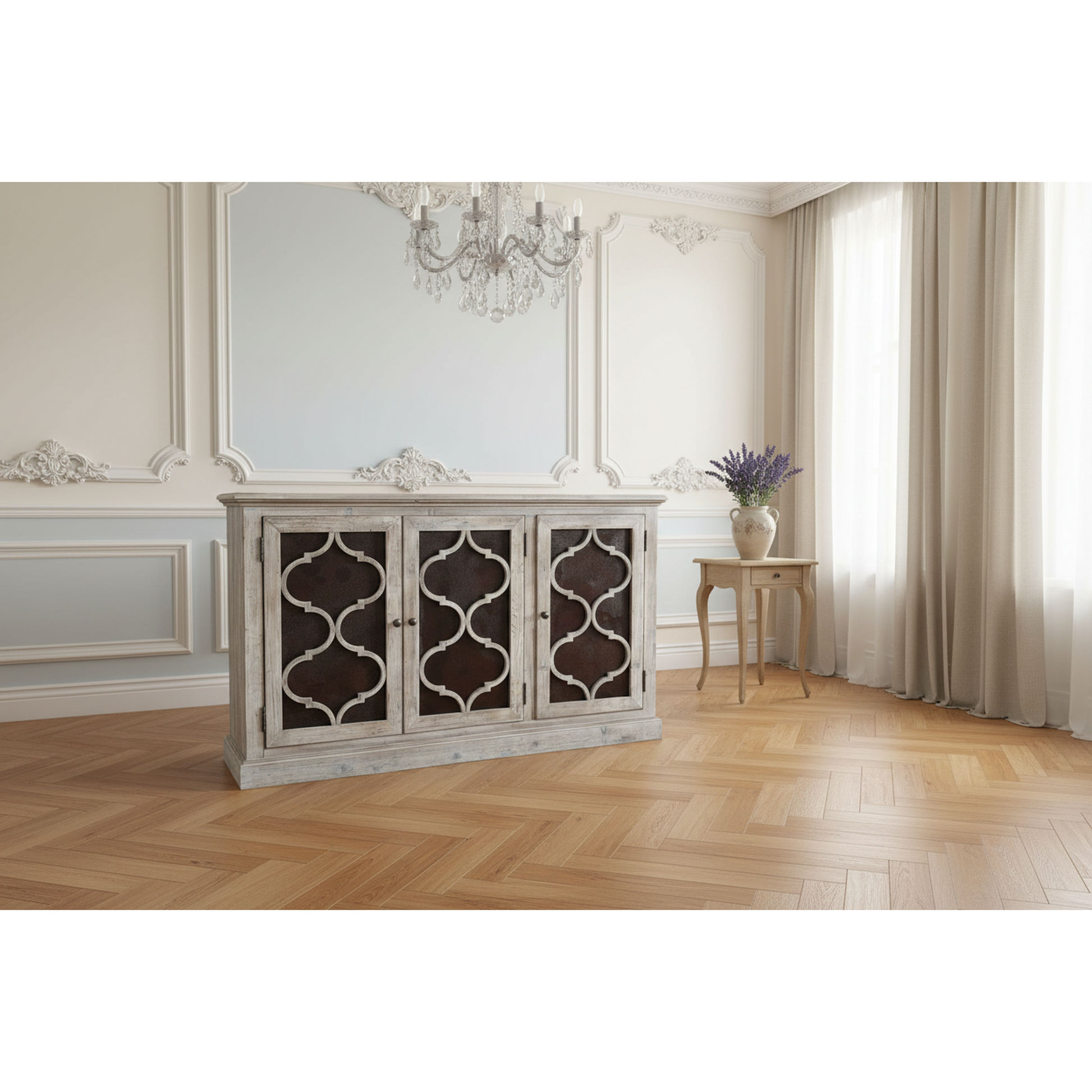 Reina Greywashed Recycled Timber 3-Door Buffet with Heritage Metal Panels - Chocolate Wood