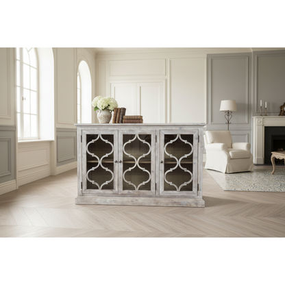 REINA GREYWASHED RECYCLED TIMBER/GLASS 3-DOOR BUFFET/SIDEBOARD