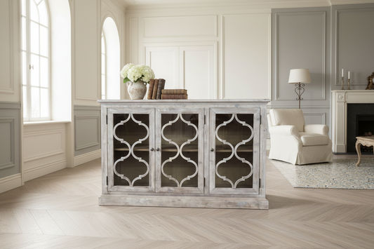 REINA GREYWASHED RECYCLED TIMBER/GLASS 3-DOOR BUFFET/SIDEBOARD - MyChocolateWood