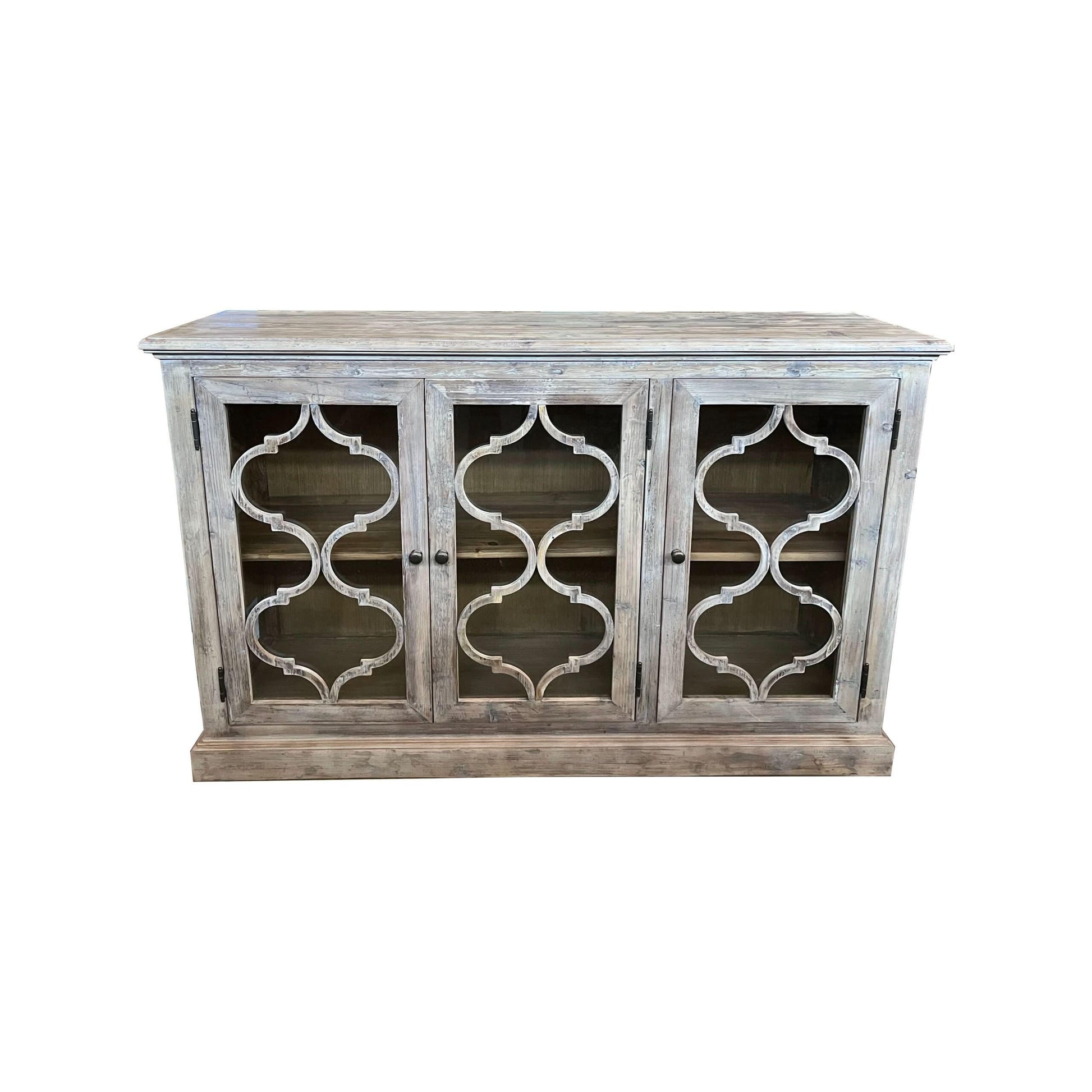REINA GREYWASHED RECYCLED TIMBER/GLASS 3-DOOR BUFFET/SIDEBOARD - MyChocolateWood