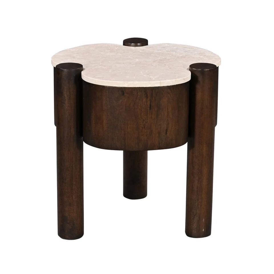 Fiore Clover-Shaped Mango Hardwood & Marble Side Table / Accent Table