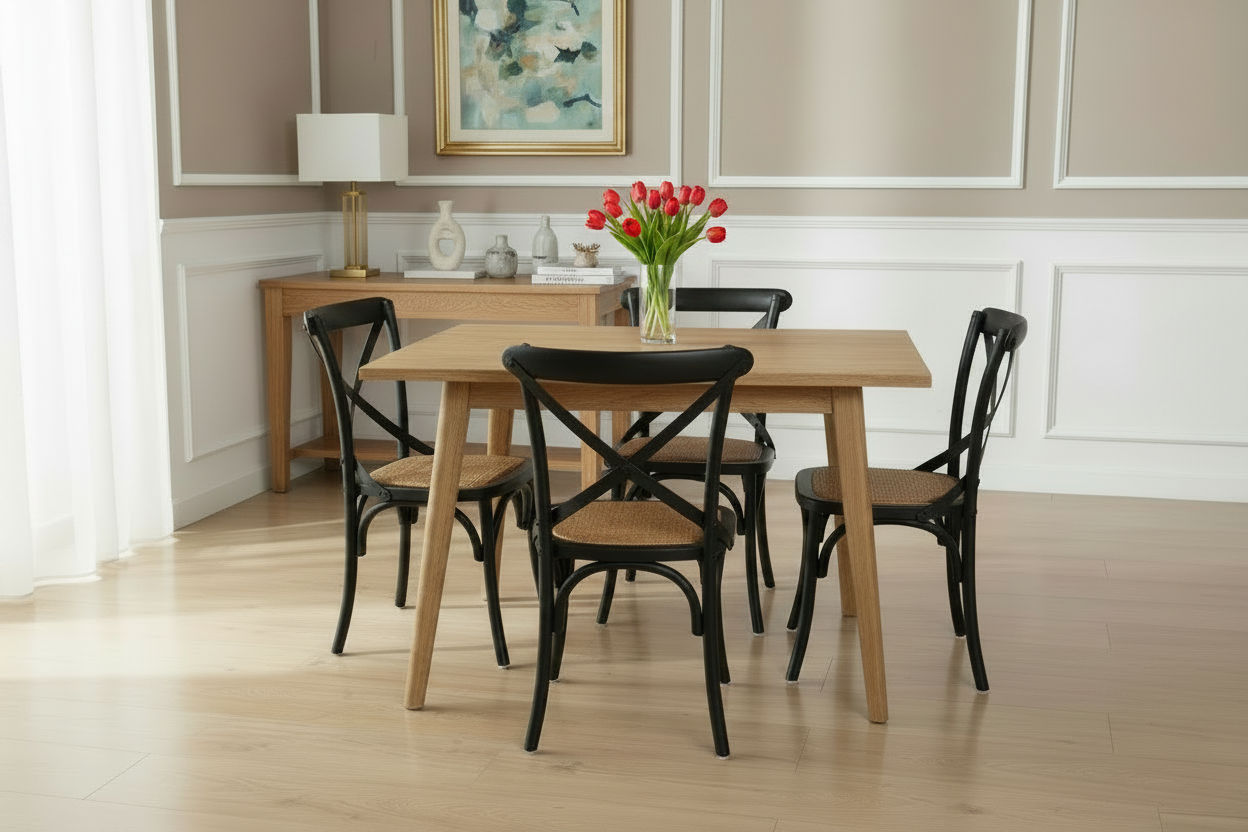 FITAN SOLID OAK SQUARE DINING TABLE (90 X 90) NATURAL + 4 MELROSE SOLID OAK CROSSBACK CHAIRS NATURAL - MyChocolateWood