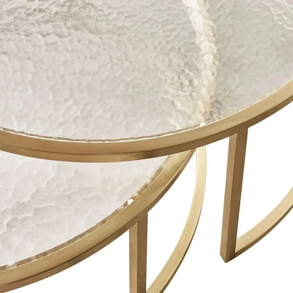 CLAUDIA SET OF 2 ROUND RIPPLED GLASS & GOLD NESTING COFFEE TABLES - MyChocolateWood