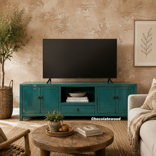 Brielle Recycled Pine 4-Door 1 Drawer TV Unit Teal - 172cm