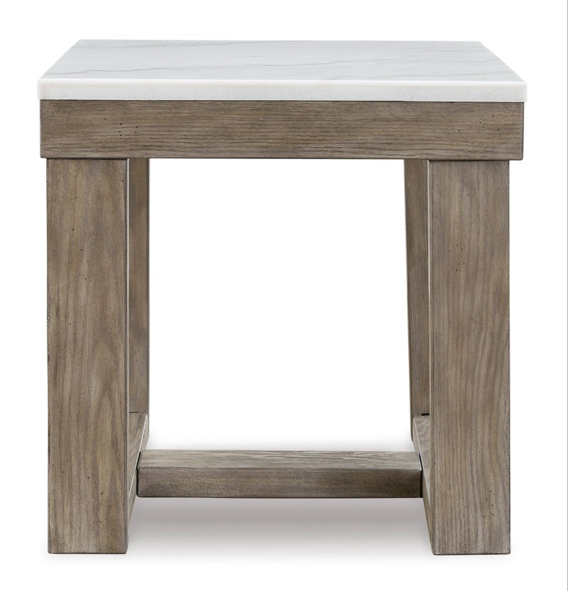 Herrington Oak Square Lamp Table in Greyish-Brown Wood Tone with Natural Marble Table Top