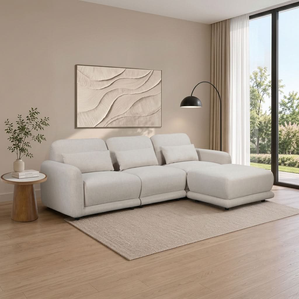 Nancy Fabric 3-Seater Modular Sofa w/Ottoman & 3 x Pillows - MyChocolateWood