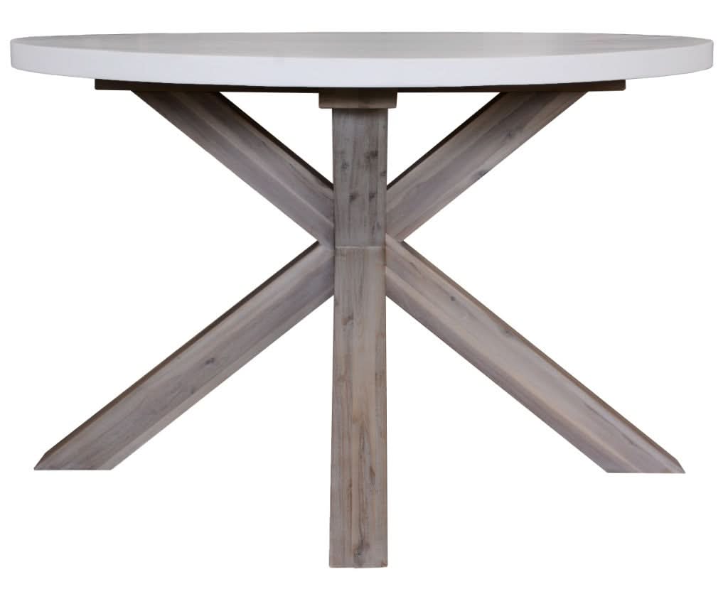 ROSALI 2-TONE WHITE CONCRETE TOP & SOLID ACACIA PEWTER ROUND DINING TABLE 120CM