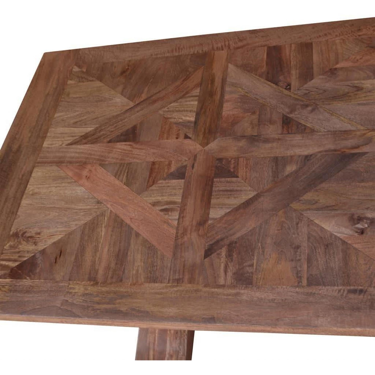 Kavala Mango Wood Parquetry Dining Table in American Oak color, 245cm, by Chocolate Wood, showing detailed parquet surface and sturdy legs.