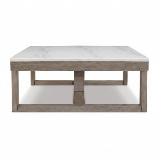 Herrington Oak Coffee Table in Greyish-Brown Wood Tone with Natural Marble Table Top