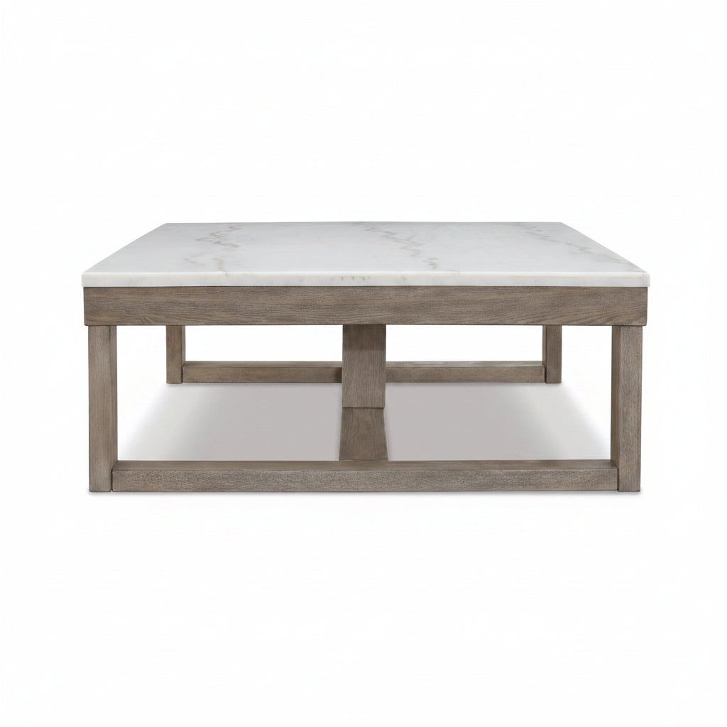 Herrington Oak Coffee Table in Greyish-Brown Wood Tone with Natural Marble Table Top