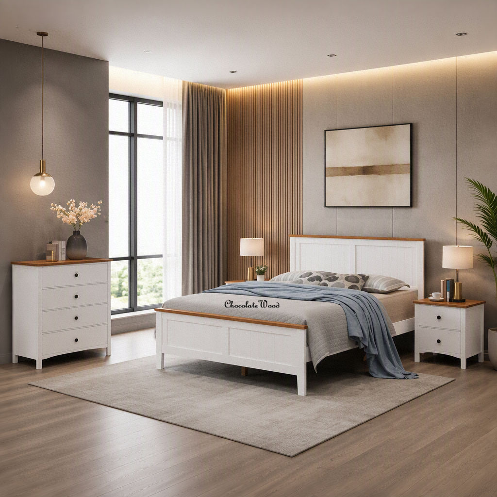 Pippa Rubberwood Double Bed White/Mid-Brown