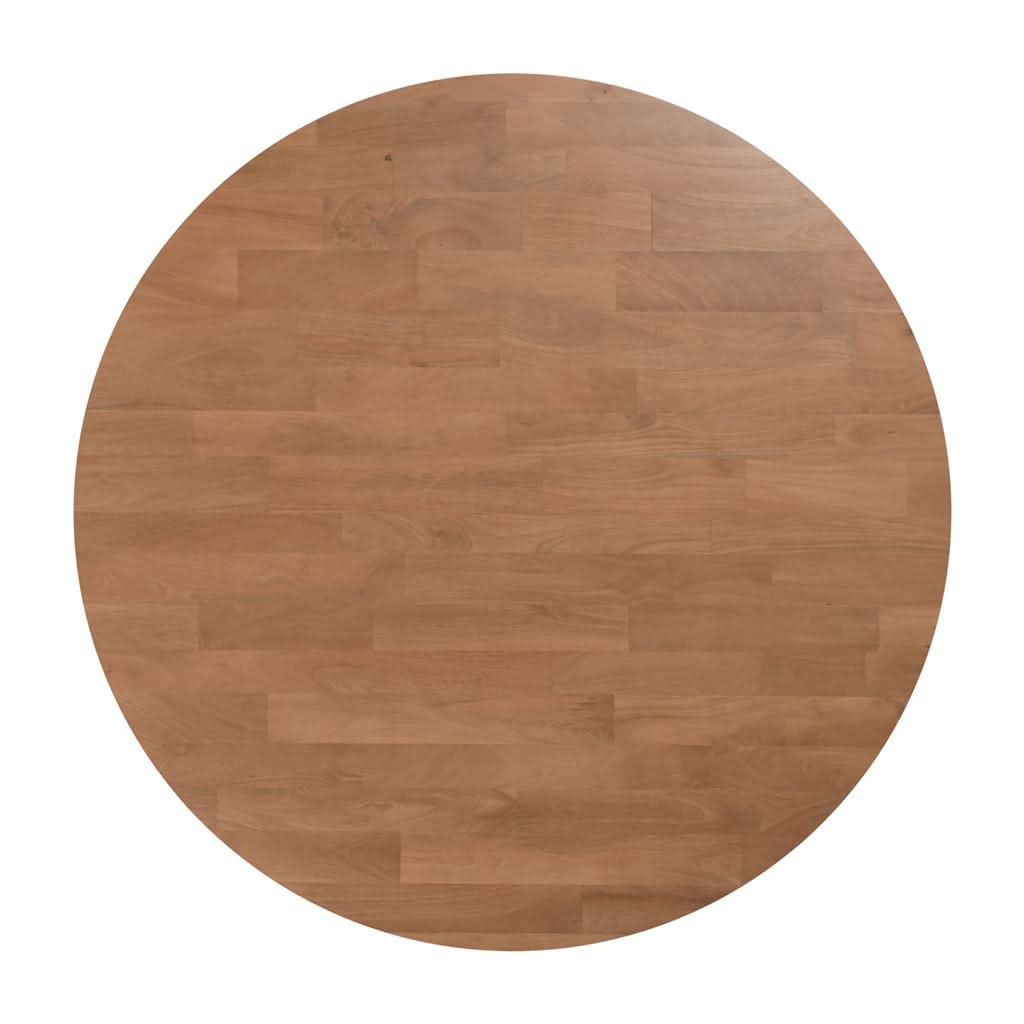 Round dining table with natural mango wood finish, 160cm diameter, by MyChocolateWood, showcasing a smooth surface and sturdy legs.
