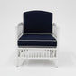 Shipton Hamptons Rattan Armchair in White with Navy Cushion
