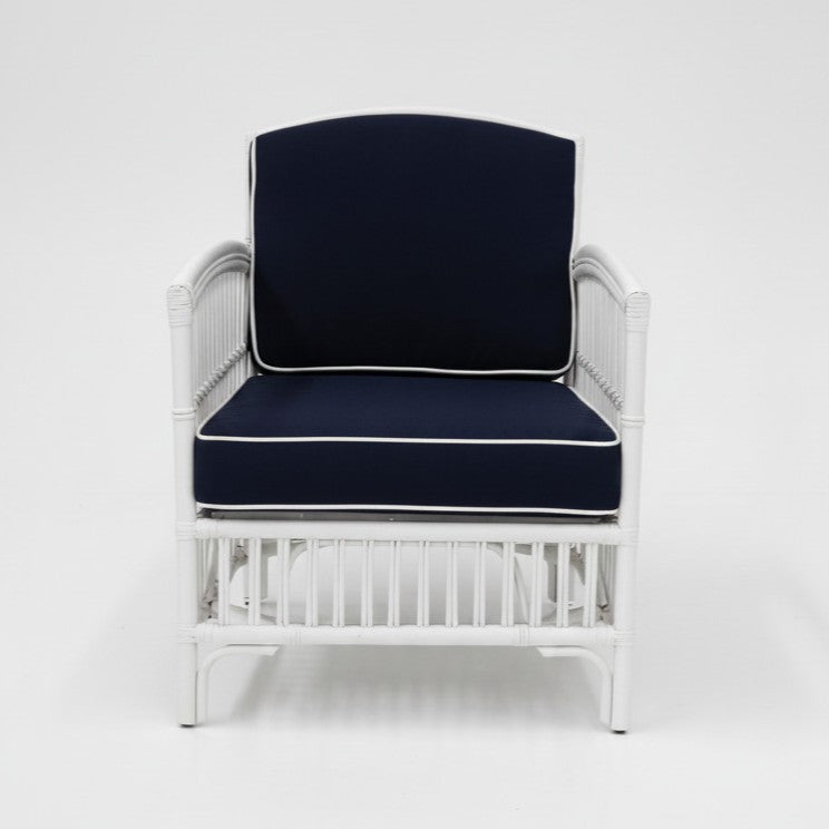 Shipton Hamptons Rattan Armchair in White with Navy Cushion