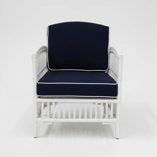 Shipton Hamptons Rattan Armchair in White with Navy Cushion