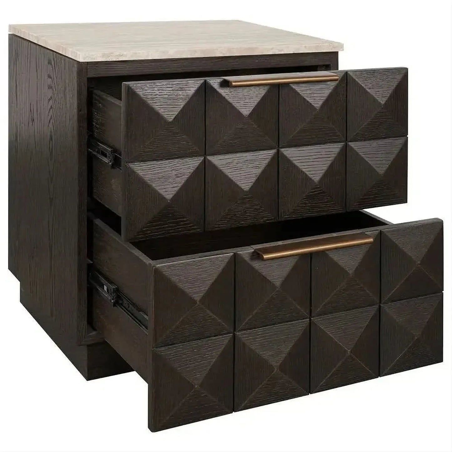 Hampshire 2-Drawer Bedside Table in Smoked Oak with Travertine Top - Chocolate Wood