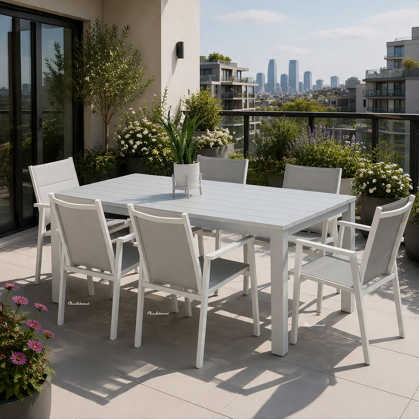 Finnigan 7 Piece Outdoor Aluminium Dining Set in White/Grey