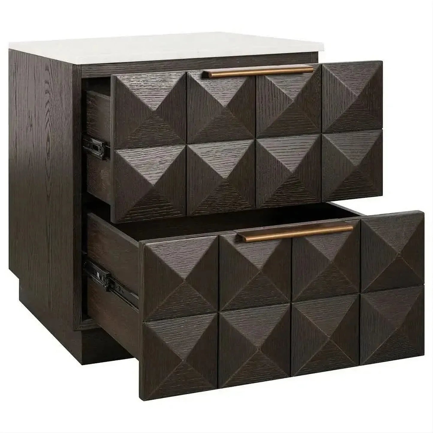 Hampshire 2-Drawer Bedside Table in Smoked Oak with White Marble Top - Chocolate Wood