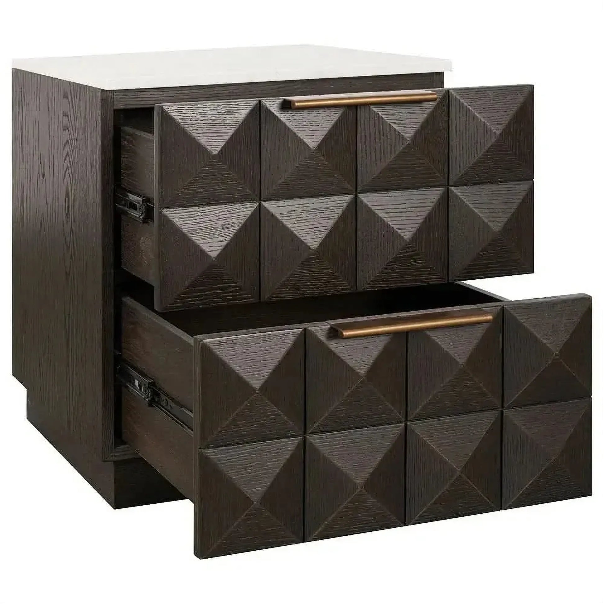 Hampshire 2-Drawer Bedside Table in Smoked Oak with White Marble Top - Chocolate Wood