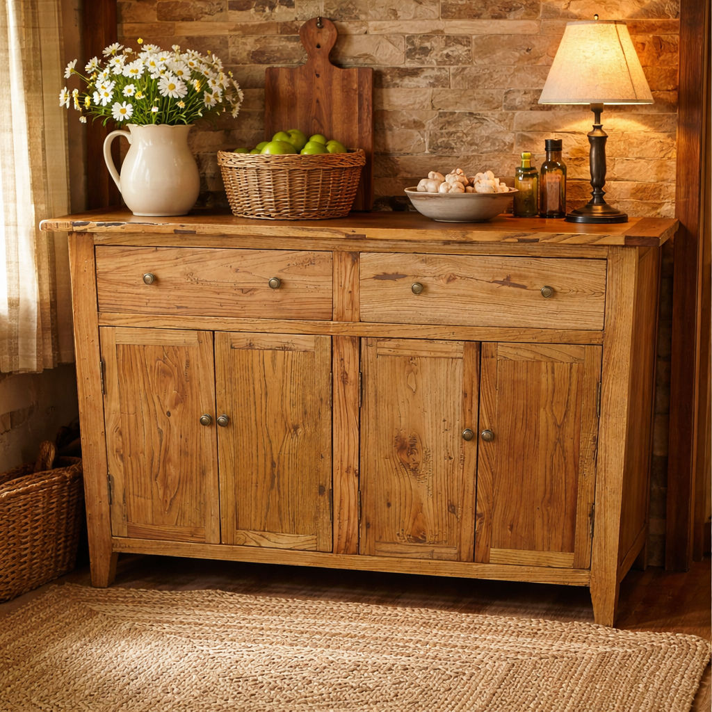 LINDI RECYCLED ELM RUSTIC COUNTRY STYLE BUFFET/SIDEBOARD  4 DOORS & 2 DRAWERS HONEY-140CM - MyChocolateWood