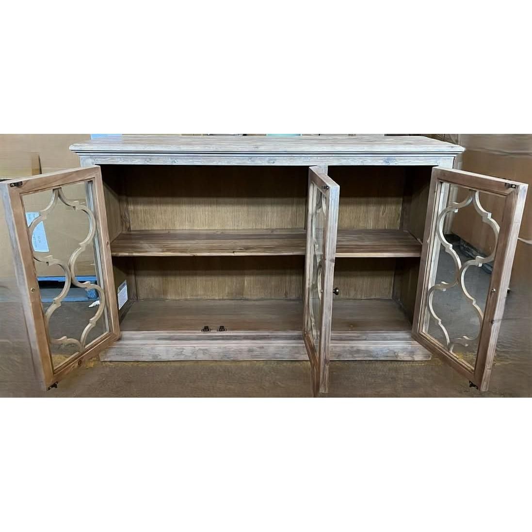REINA GREYWASHED RECYCLED TIMBER/GLASS 3-DOOR BUFFET/SIDEBOARD - MyChocolateWood