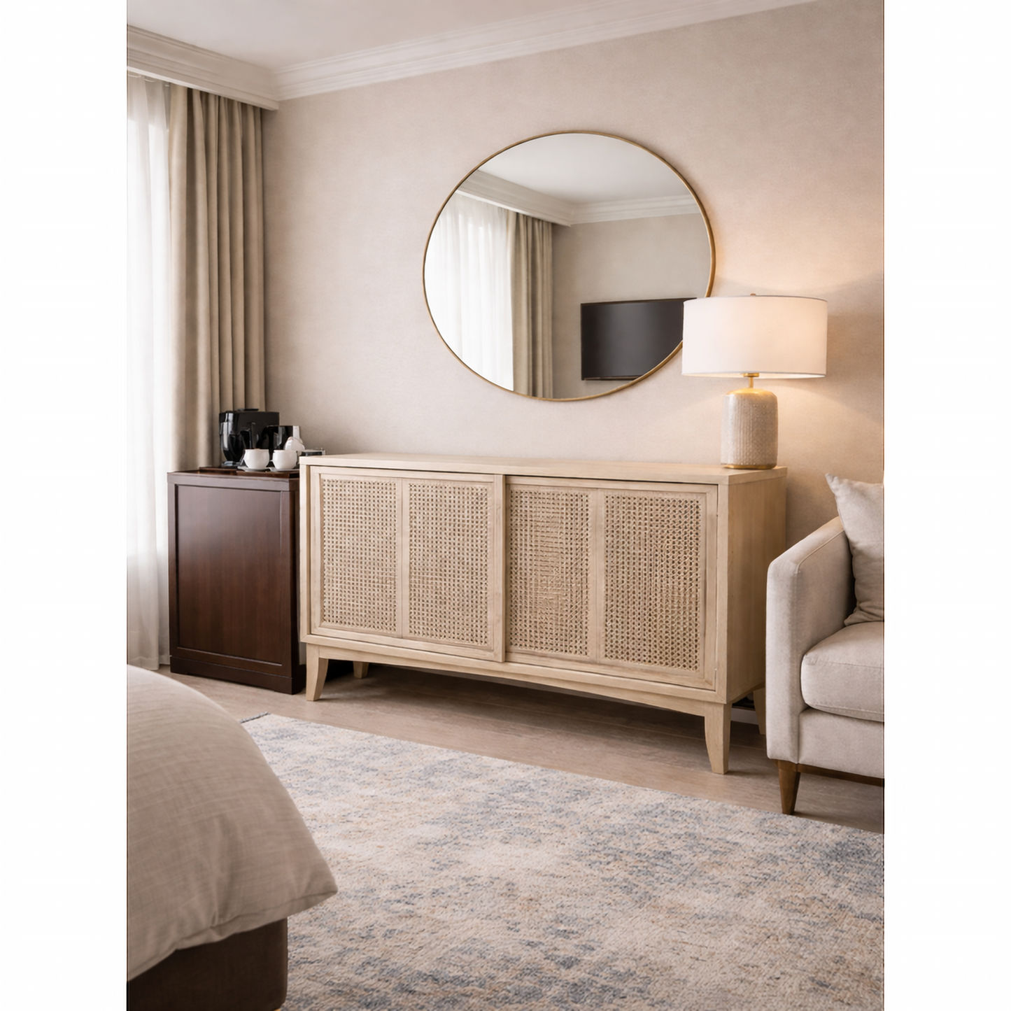 BAHAMAS CABINET SIDEBOARD SLIDING RATTAN DOORS/ SOLID OAK NATURAL COLOUR 120CM