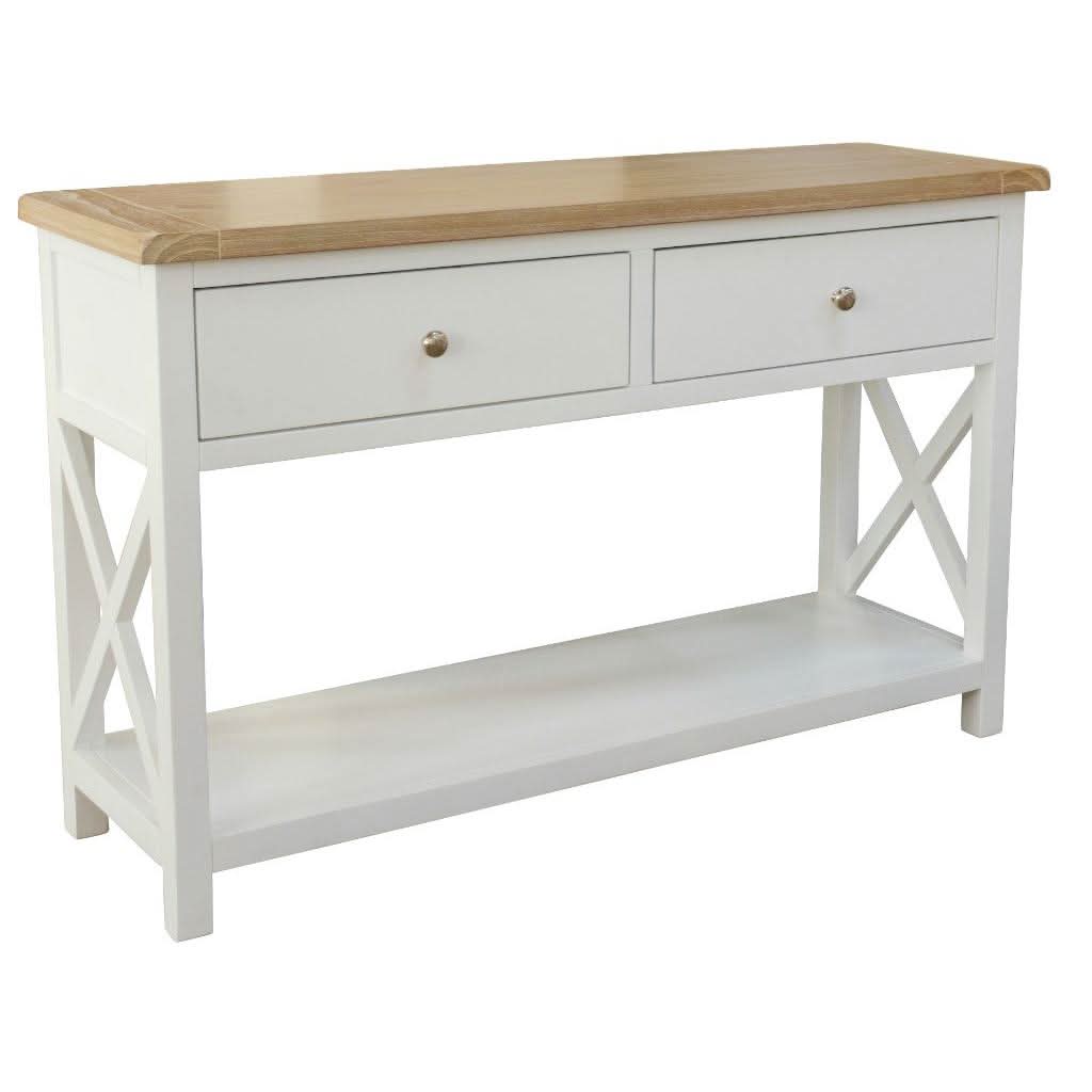 CHRISTA HAMPTON SOLID ACACIA 2-DRAWER CONSOLE TABLE HALL TABLE LIGHT OAK/WHITE - MyChocolateWood