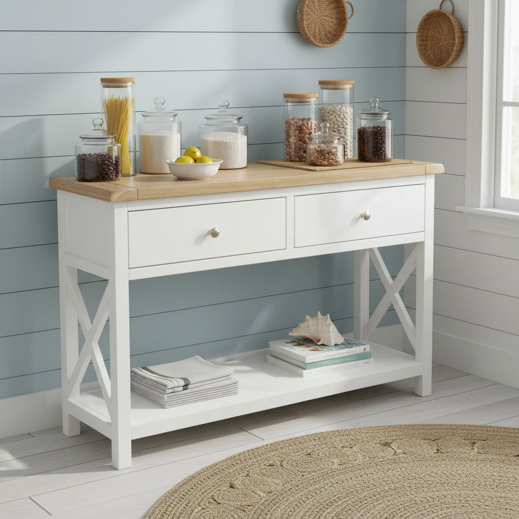 CHRISTA HAMPTON SOLID ACACIA 2-DRAWER CONSOLE TABLE HALL TABLE LIGHT OAK/WHITE - MyChocolateWood