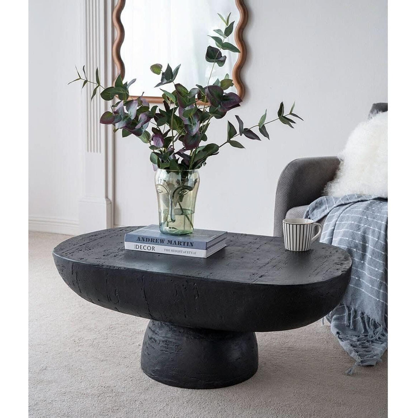 Bardot Oval Cement Coffee Table in Black - Chocolate Wood