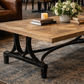 BECK RECYCLED ELM RUSTIC COFFEE TABLE PARQUETRY TOP BLACK IRON BASE - MyChocolateWood