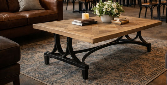 BECK RECYCLED ELM RUSTIC COFFEE TABLE PARQUETRY TOP BLACK IRON BASE - MyChocolateWood