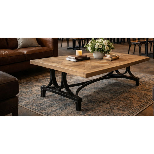 BECK RECYCLED ELM RUSTIC COFFEE TABLE PARQUETRY TOP BLACK IRON BASE - MyChocolateWood
