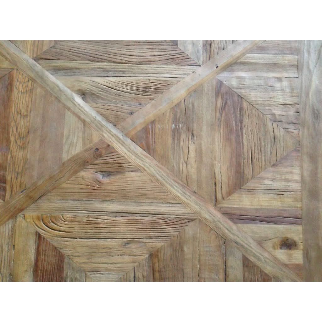 BECK RECYCLED ELM RUSTIC CONSOLE/HALL TABLE PARQUETRY TOP BLACK IRON BASE - MyChocolateWood