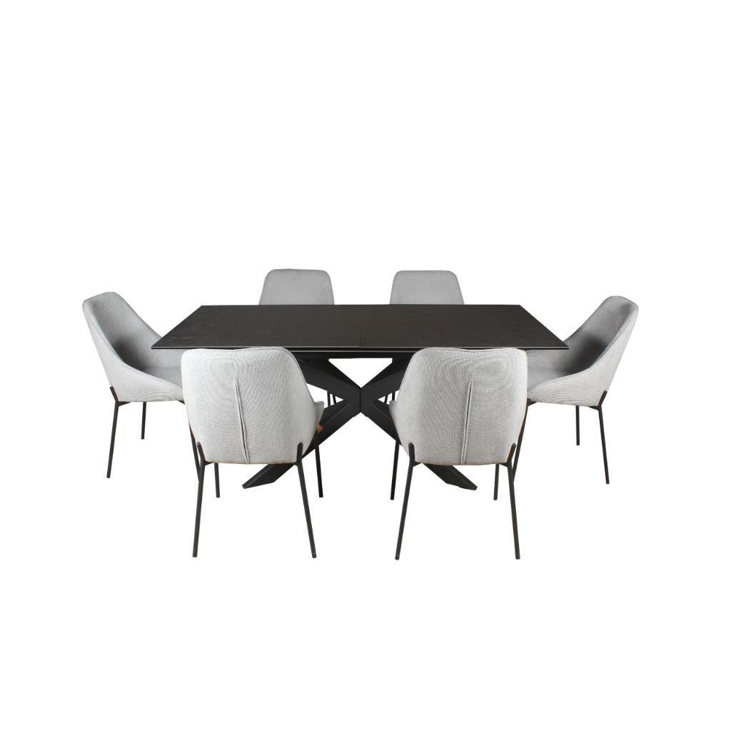 Dark grey ceramic glass dining table extension by MyChocolateWood, showing the 180cm to 240cm adjustable length in a modern setting.