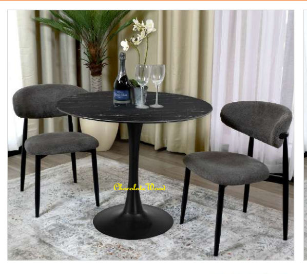ALBERGE ROUND MARBLE-LOOK GLASS TOP DINING TABLE ON PEDESTAL METAL BASE BLACK - MyChocolateWood