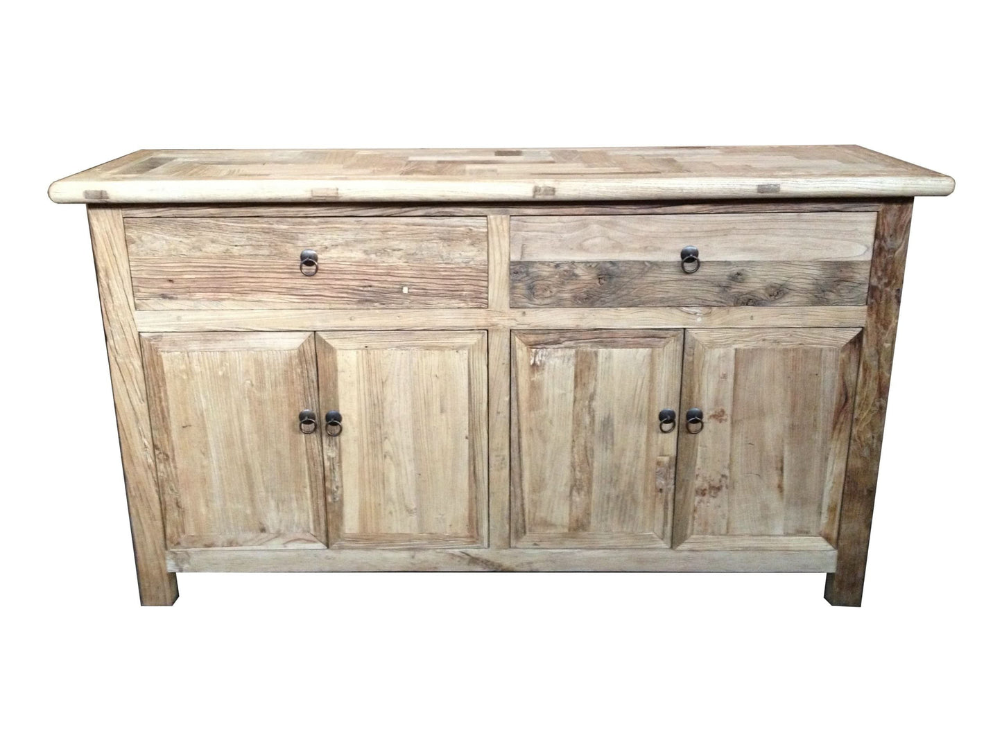 Gibraltar Rustic Recycled Elm 4-Door 2-Drawer Sideboard / Buffet with Parquetry Top 160cm - Chocolate Wood