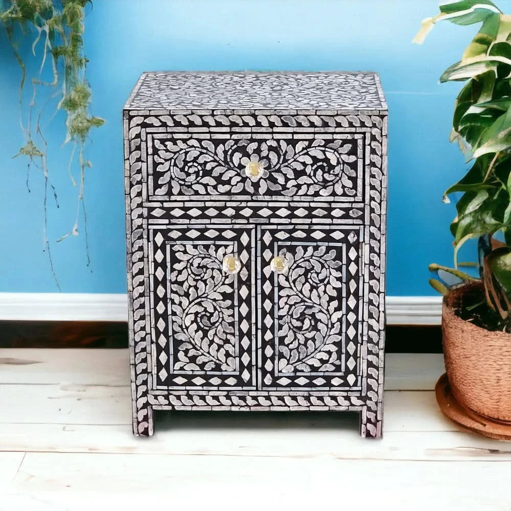 TABITHA MOTHER OF PEARL NOIR BEDSIDE TABLE 1 DRAWER/1CUPBOARD - MyChocolateWood