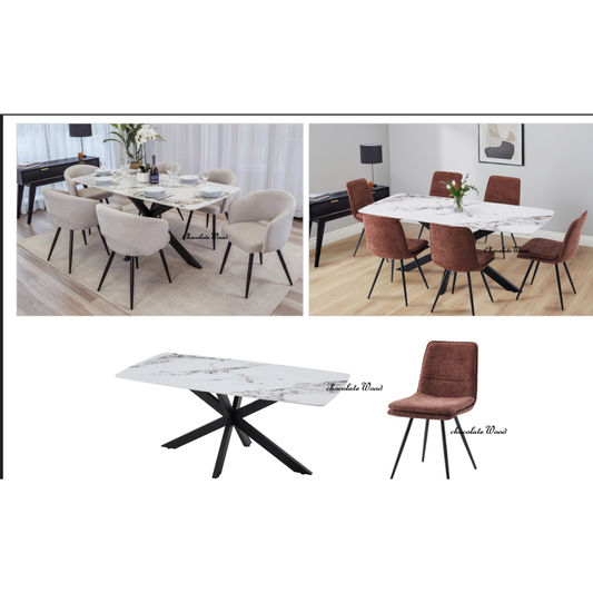 DAKOTAH 7PCE PIECE DINING SET: 1 MARBLE LOOK DINING TABLE 179CM & 6 DAKOTAH RUST DINING CHAIRS - MyChocolateWood