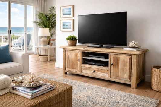 GIBRALTAR RECYCLED ELM TIMBER TV UNIT 2 DOORS/1 DRAWER NATURAL - MyChocolateWood