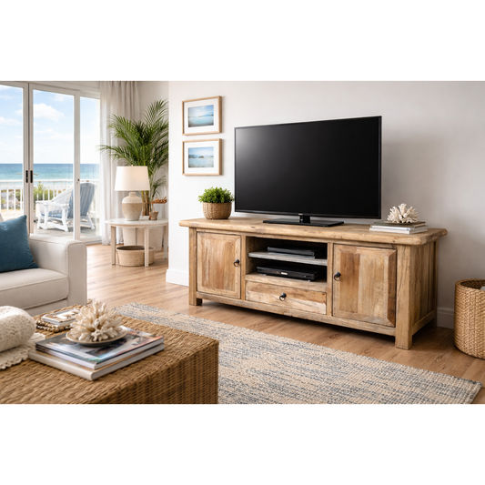 GIBRALTAR RECYCLED ELM TIMBER TV UNIT 2 DOORS/1 DRAWER NATURAL - MyChocolateWood