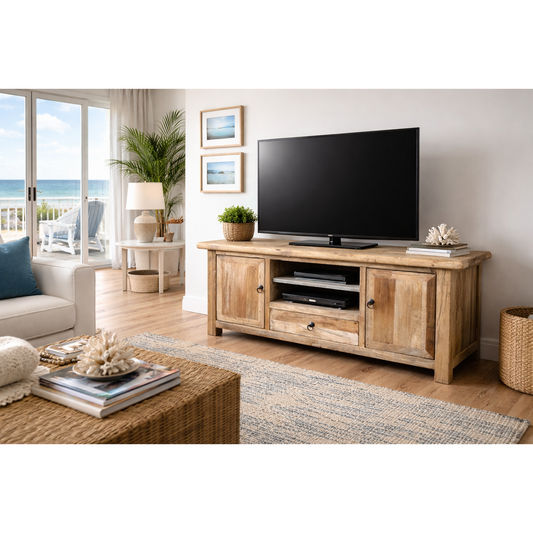 GIBRALTAR RECYCLED ELM TIMBER TV UNIT 2 DOORS/1 DRAWER NATURAL