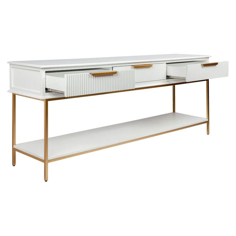 MORETTI 3-DRAWER CONSOLE TABLE/HALL TABLE SATIN WHITE  & GOLD LARGE - MyChocolateWood